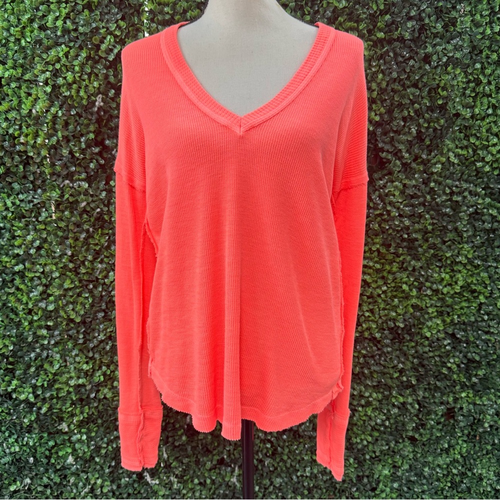 NWT We The Free Sail Away V Neck Cotton Thermal Fluorescent Coral